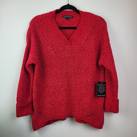 Boston Proper V-neck Red Chenille Sweater Size Small Holiday Christmas NWT - Picture 1 of 9